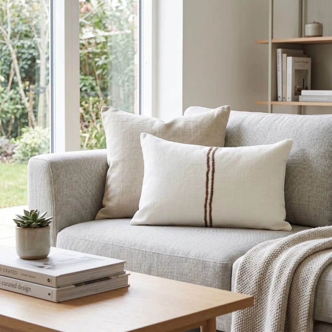 Gray sofa with decorative pillows in a living room setting