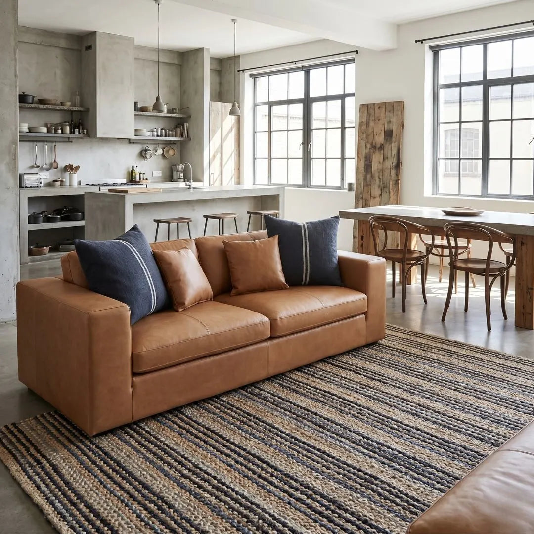 Brown leather sofa with decorative pillows in a modern living room.