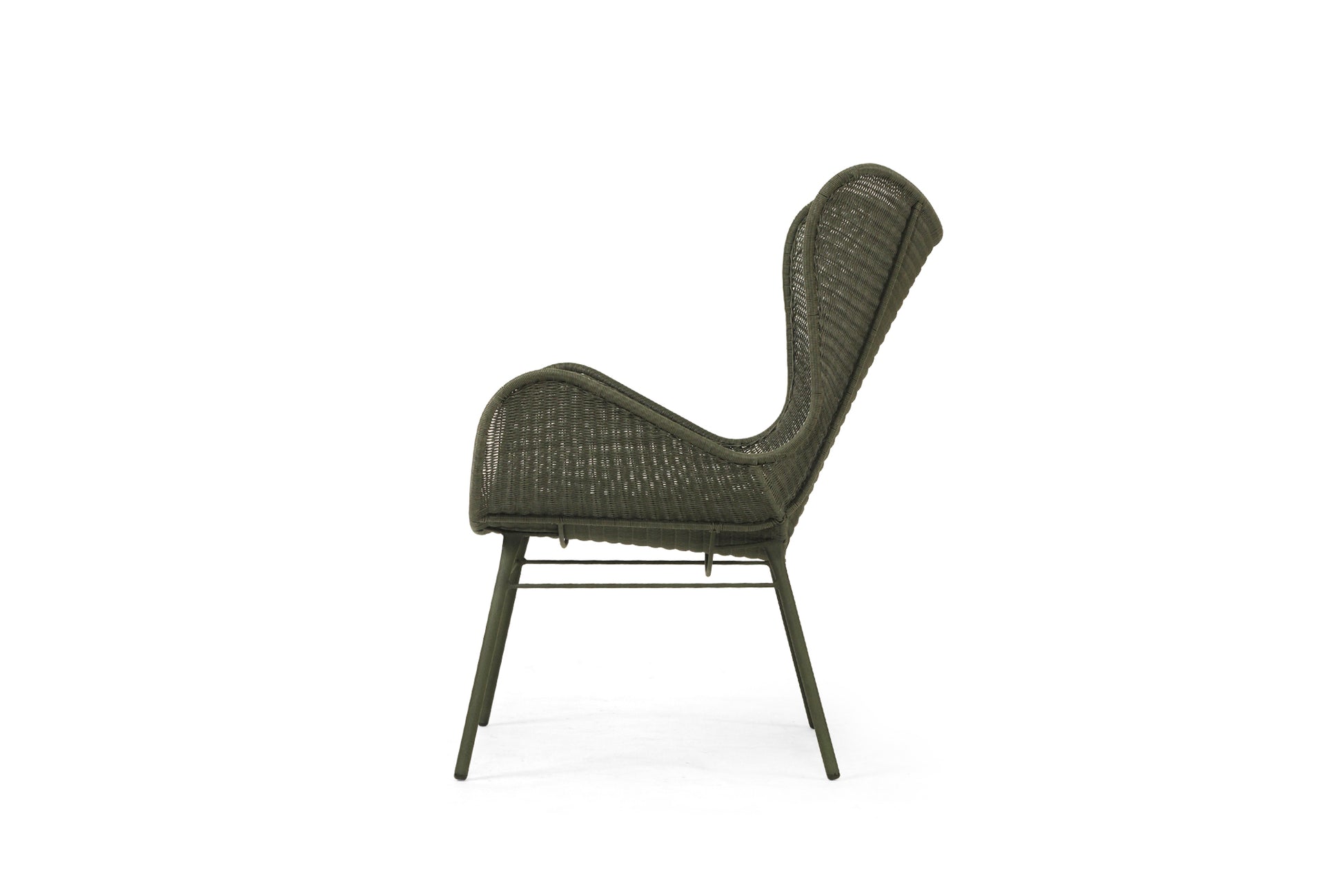 Moss green outdoor wingback chair on a white background