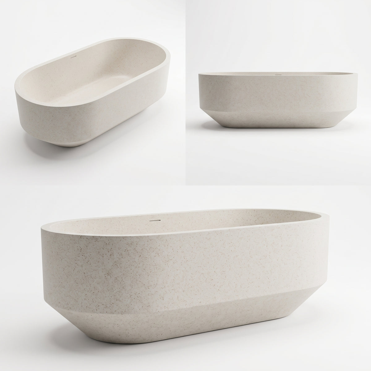 Three views of a modern freestanding bathtub in a light warm gray stone finish, shown on a clean white studio background.