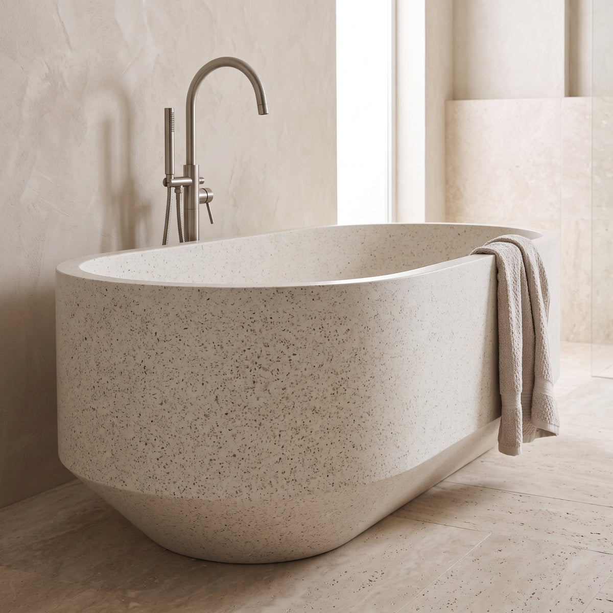 A freestanding oval bathtub in a warm beige speckled stone or concrete finish, shown in a minimalist bathroom setting with a matching beige towel draped over the side and a matte metal faucet behind it.