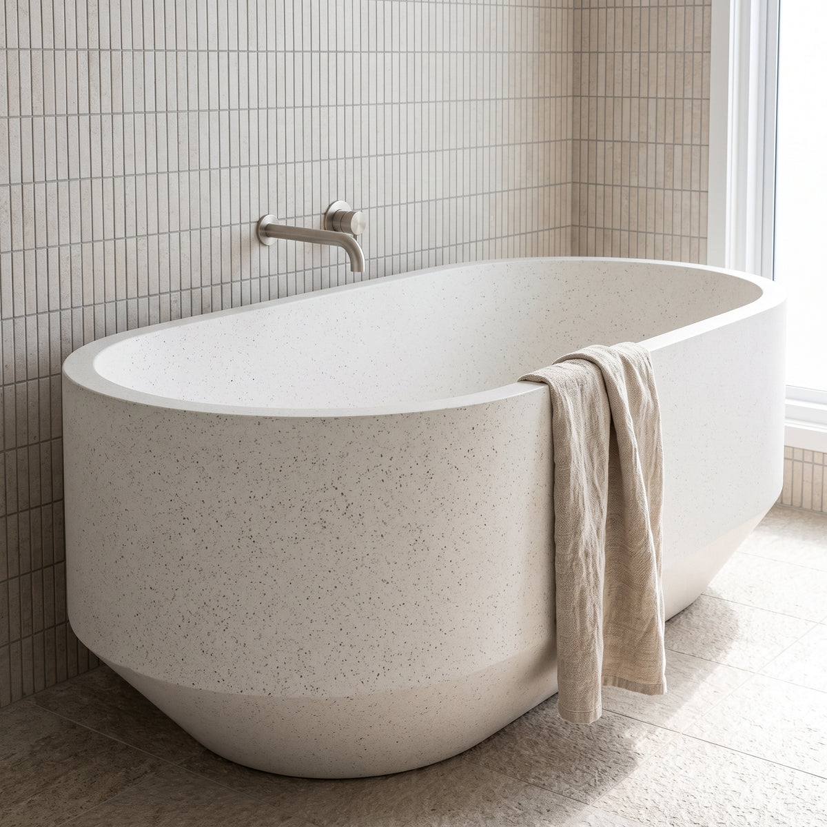 A freestanding oval bathtub in a light speckled stone or concrete finish, shown in a bathroom setting with beige wall and floor tiles, a chrome faucet, and a beige towel draped over the side.
