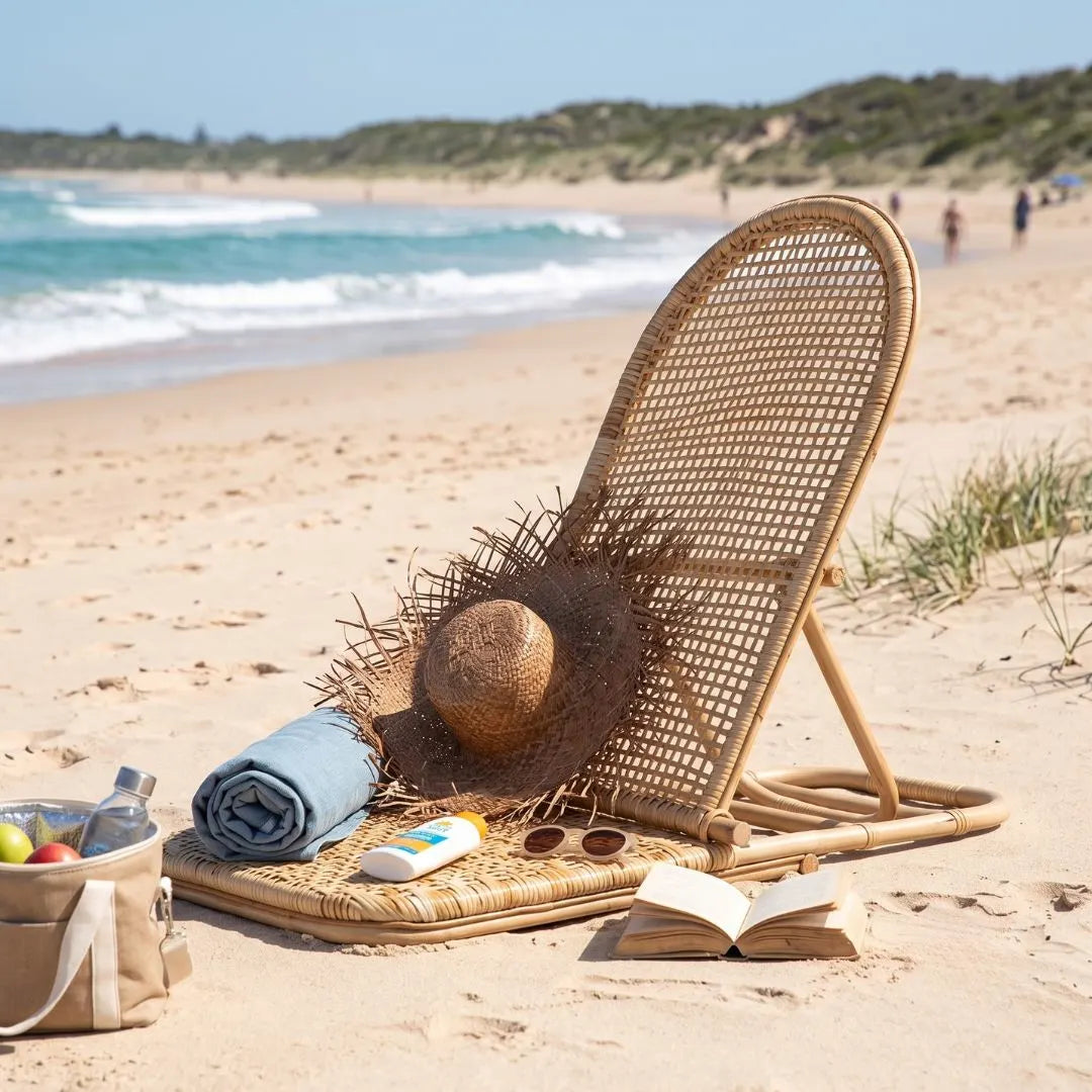 A woven rattan beach lounge chair sits on sandy beach next to the ocean, styled with a straw hat, rolled blue towel, sunglasses, sunscreen, an open book, and a tote bag.