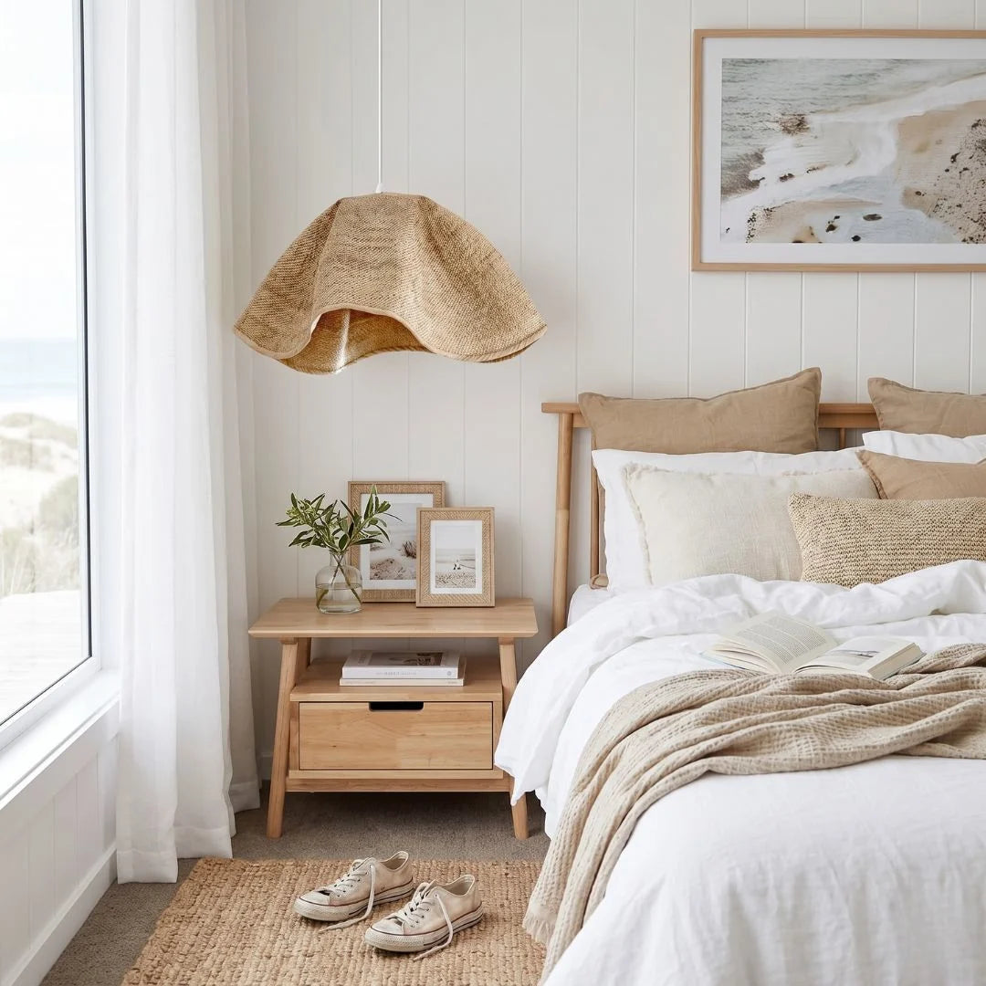 Neatly arranged bedroom with wooden nightstand, bed, and decor elements.