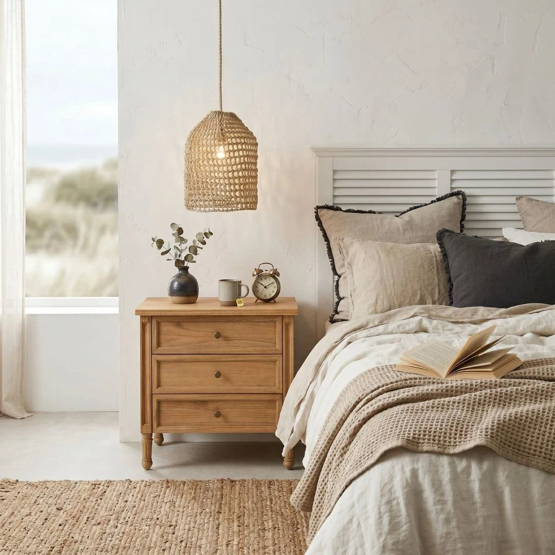 Cozy bedroom with wooden nightstand, bed with pillows, and open book.