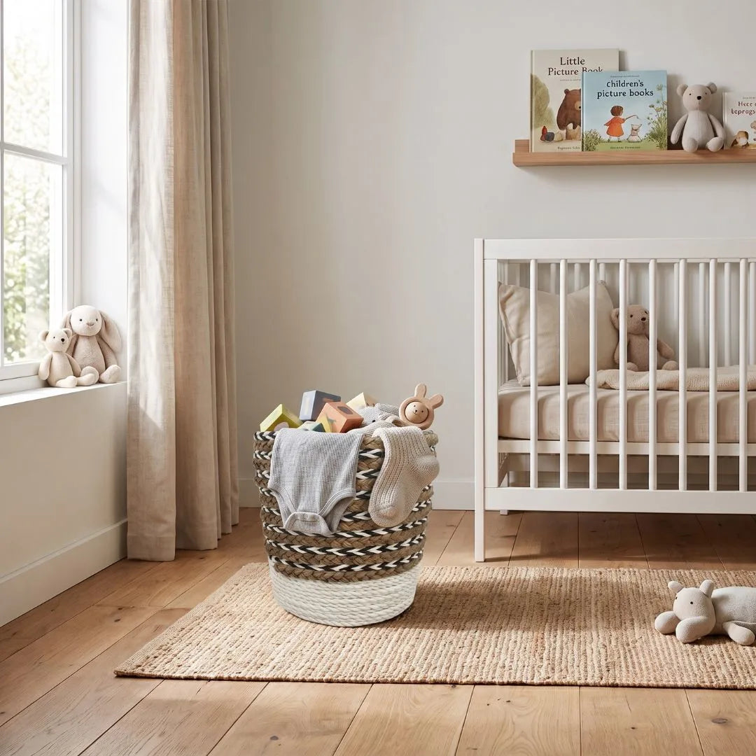 A woven basket filled with baby toys and a gray blanket sits on a natural fiber rug in a softly lit nursery next to a white crib and window.