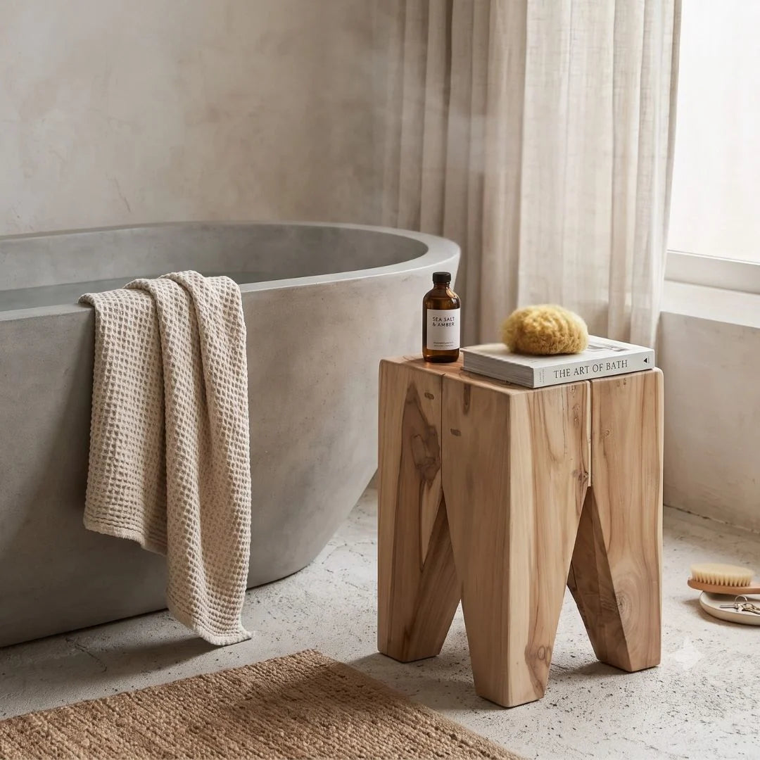 Square solid teak stump side table in a modern bathroom
