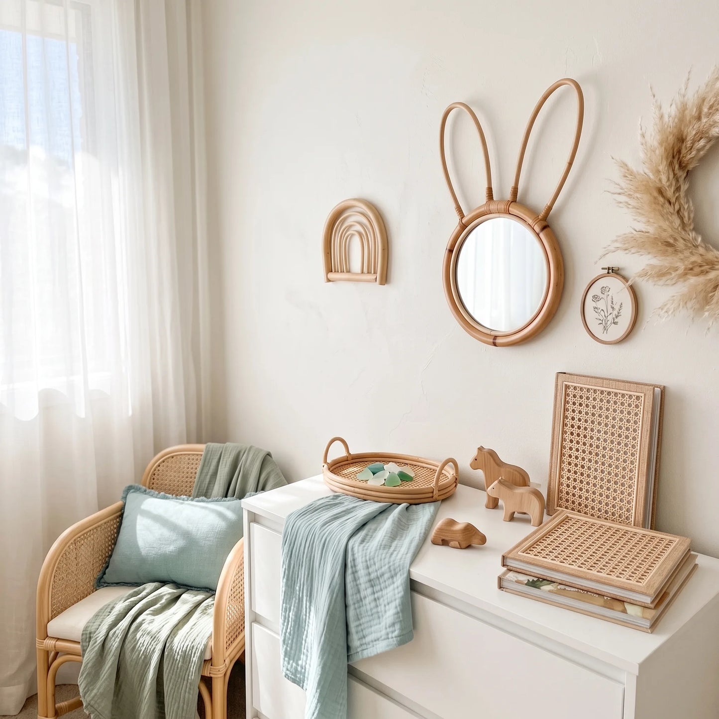 A styled interior corner with a white dresser, woven rattan accessories, a rattan bunny-shaped mirror, a rattan arch mirror, and a rattan framed decor piece on a cream wall.