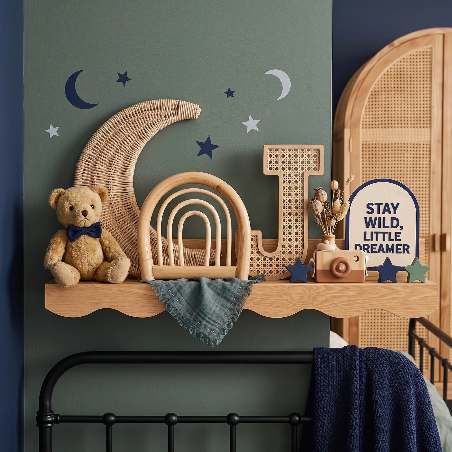 A styled nursery wall shelf with a teddy bear wearing a blue bow tie, a large wicker crescent moon, wooden letters, a small rattan chair, a toy camera, and a sign that reads 'STAY WILD, LITTLE DREAMER'. The wall is painted in a muted sage green with dark navy star and moon decals.