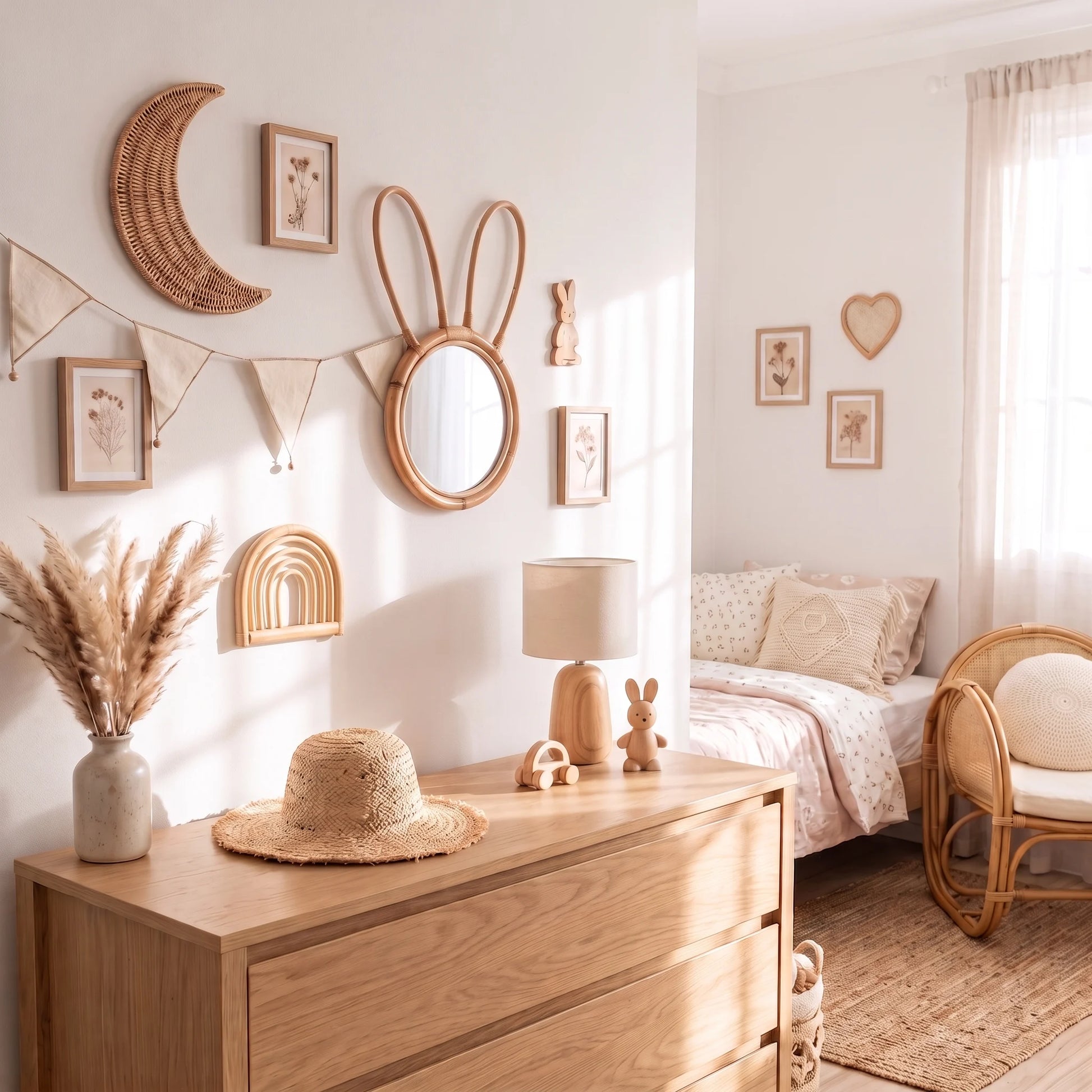 A beautifully styled bohemian nursery or children's bedroom featuring a light wood dresser, a woven rattan mirror, a crescent moon wall hanging, and a warm neutral color palette.