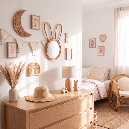 A beautifully styled bohemian nursery or children's bedroom featuring a light wood dresser, a woven rattan mirror, a crescent moon wall hanging, and a warm neutral color palette.