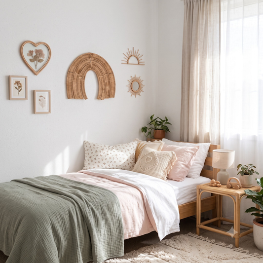 A cozy bedroom scene with a wooden bed dressed in white and blush pink bedding, a sage green textured throw blanket, a small wooden side table with a lamp, plants, and natural wall decor including a wicker arch, sunburst, and framed botanical prints.