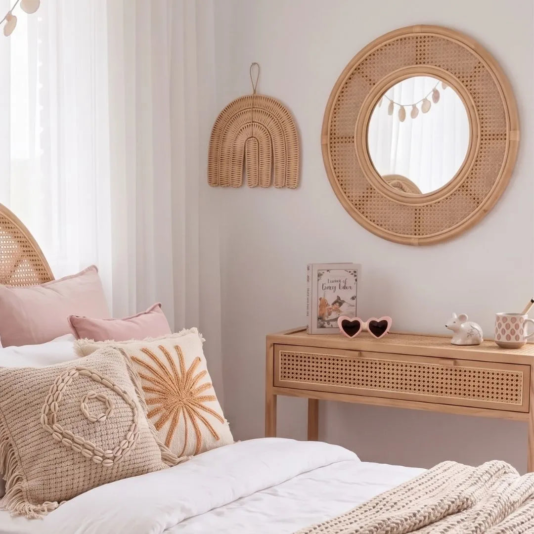 Sun Republic natural rattan decorative wall decor styled in a modern coastal boho girls bedroom 