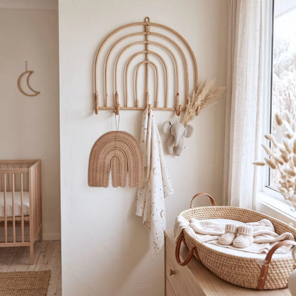 Sun Republic natural rattan decorative wall decor styled in a modern coastal boho nursery