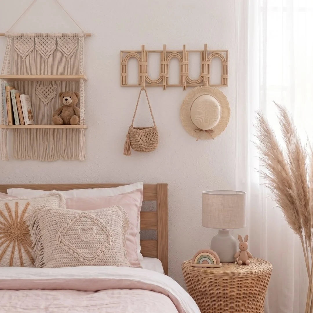 Sun Republic Rattan Multi Wall Hook styled in a little girls room 