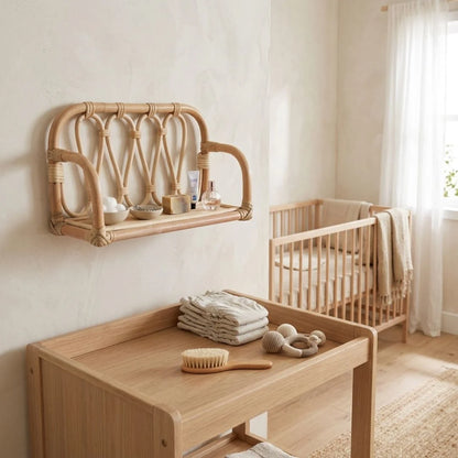 Sun Republic small rattan wall shelf styled in a bedroom