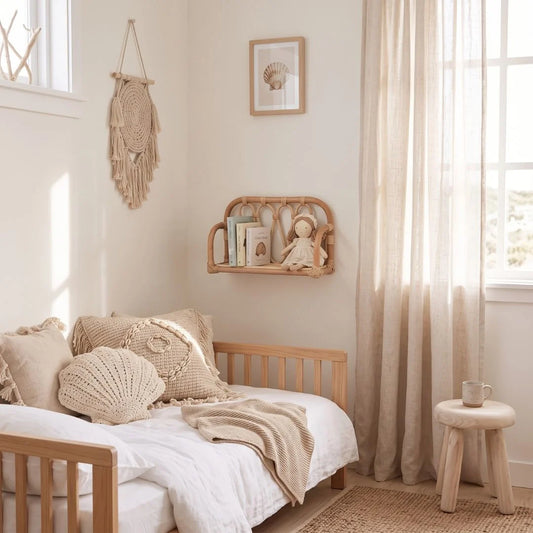Sun Republic small rattan wall shelf styled in a bedroom