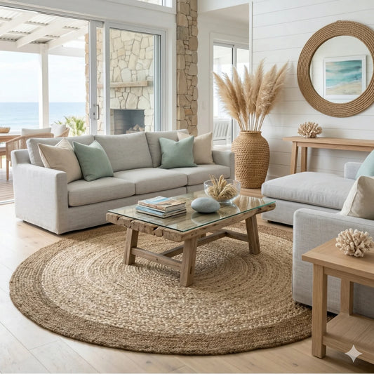 Modern living room with a beige sofa, glass coffee table, and decorative elements.
