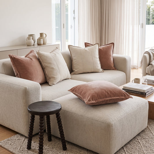 A light beige upholstered sectional sofa in a bright living room, styled with multiple throw pillows in cream and dusty rose velvet. A small dark wood spindle-legged stool sits in front of the sofa, and a coffee table with books is on the right.