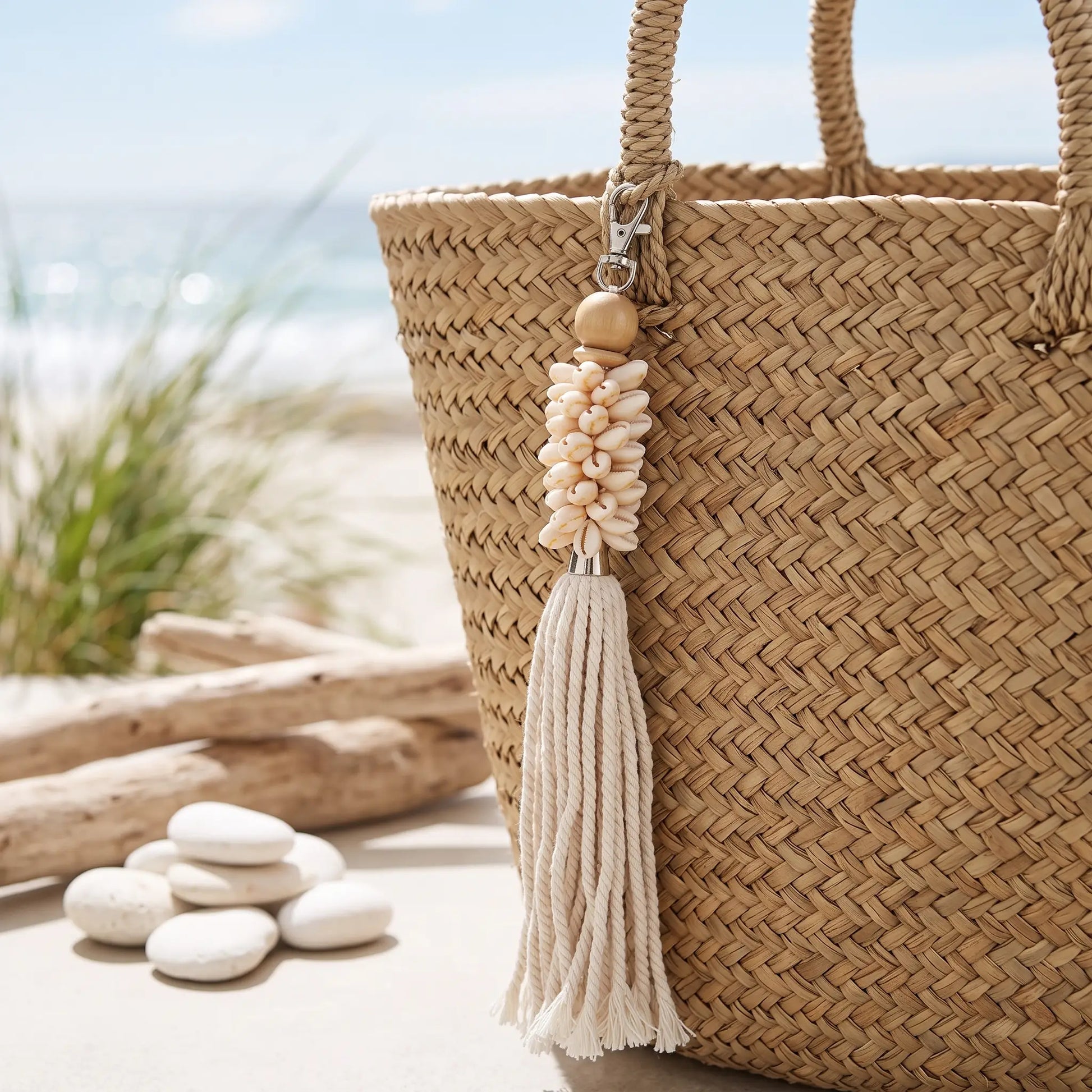 A woven straw tote bag with a cream tassel charm featuring seashells and a wooden bead, set on a sandy beach with driftwood and white stones in the background.