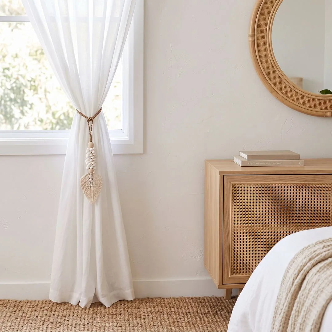 A white sheer curtain tied back from a window with a woven tieback, shown in a bright, modern bedroom setting next to a wooden cabinet.