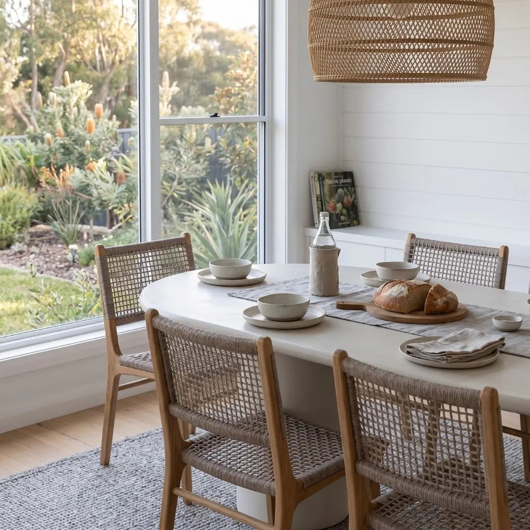 Dining area with a oval table and wicker chairs, featuring a bottle, plates, and bread.
