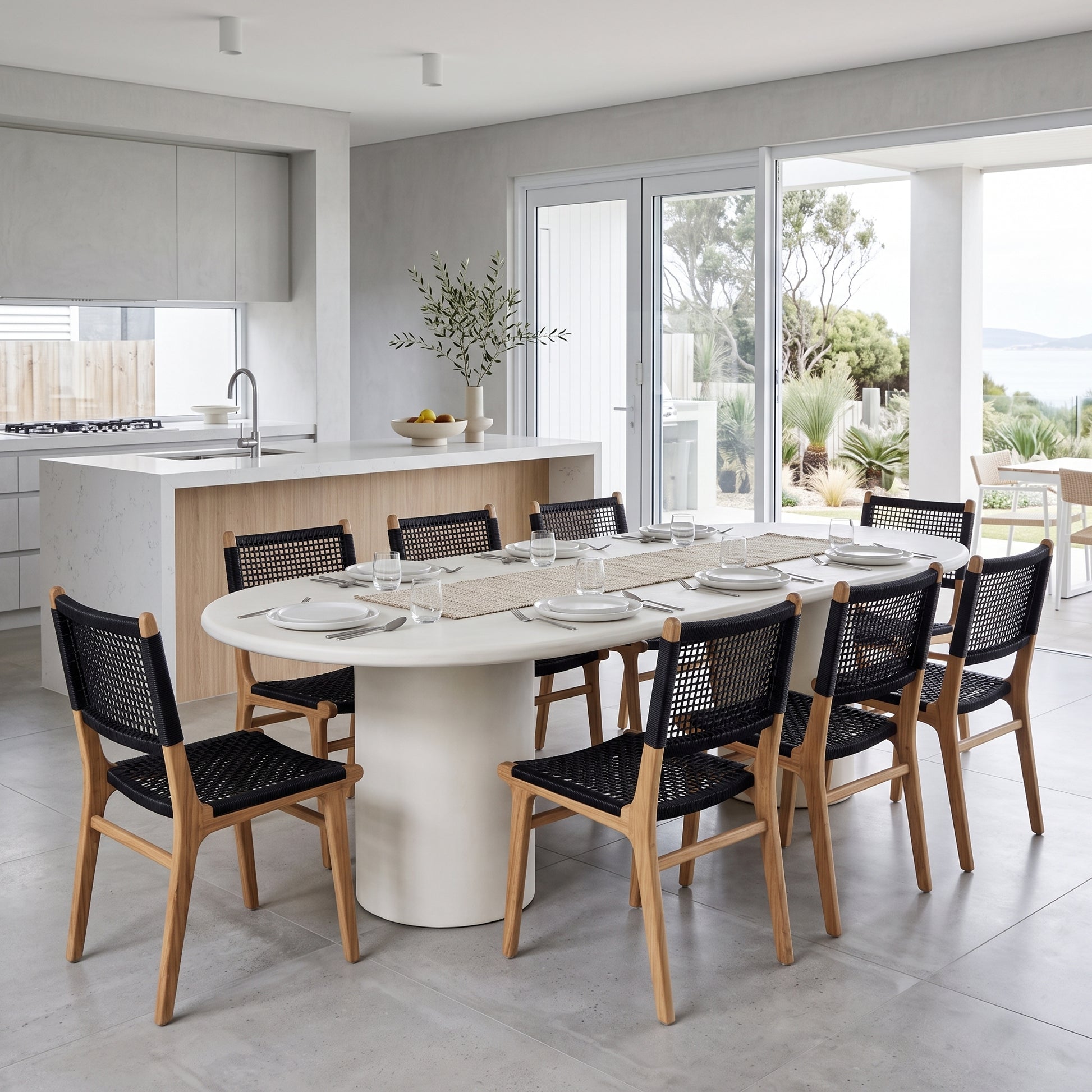 A modern dining room scene with a round white dining table surrounded by eight wooden chairs with black woven seats, set in a bright contemporary kitchen with large windows and outdoor views.