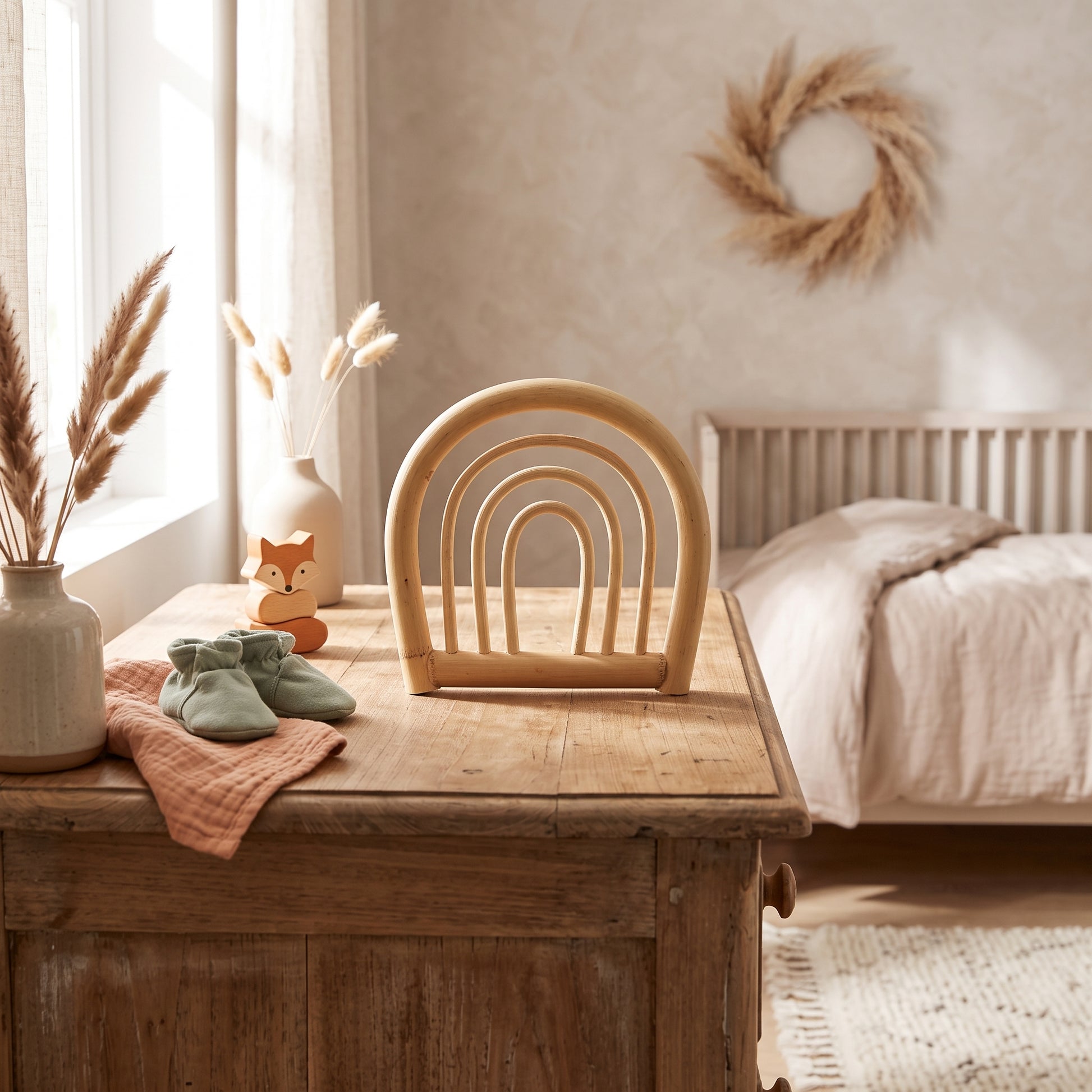 A light natural wood baby tooth holder with a rainbow arch design sits on a rustic wooden chest in a warm, sunlit nursery. The scene is styled with a ceramic vase of pampas grass, sage green baby booties, a small wooden fox toy, and a neutral bed in the background.