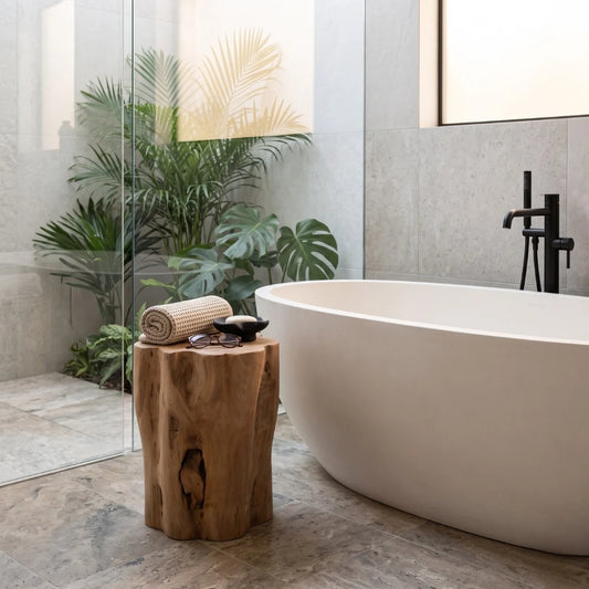 A modern freestanding oval bathtub in an off-white finish, styled in a bathroom with a rustic wood stump side table, black faucet, gray stone tiles, and a glass shower enclosure with green plants.