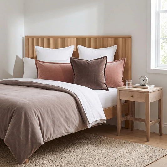 A styled bedroom scene showing a bed with a light wood slatted headboard, dressed in white bedding and taupe bedding, with accent pillows in white, dusty rose, and dark brown velvet. A matching light wood nightstand sits beside the bed against a white wall.