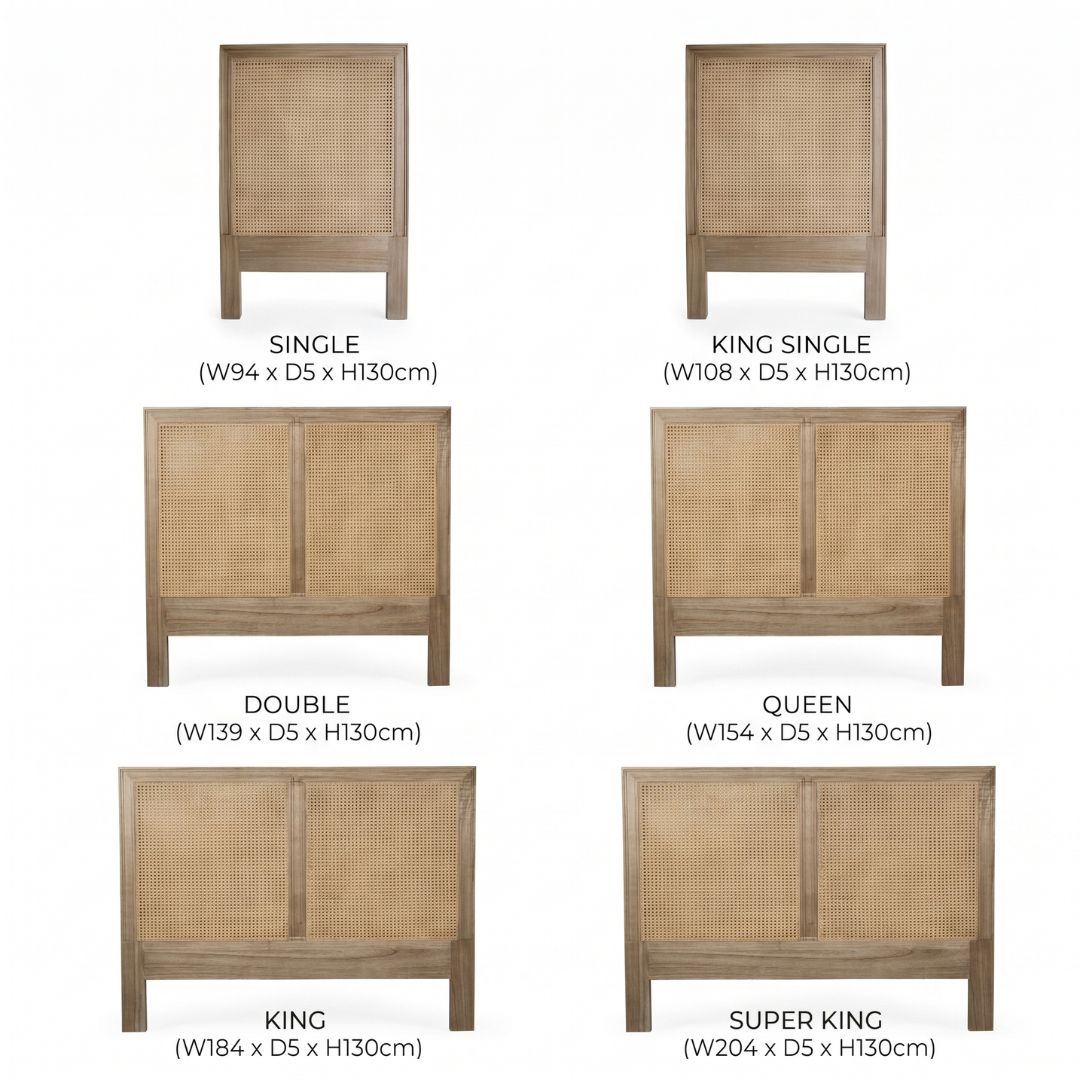 Set of wooden headboards with dimensions labeled for single, king single, double, queen, king, and super king sizes.