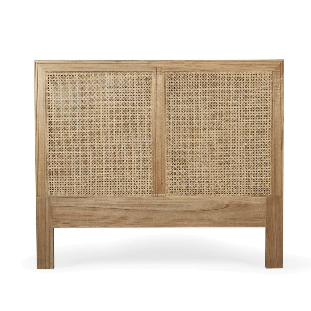 Wooden headboard with woven design on a white background