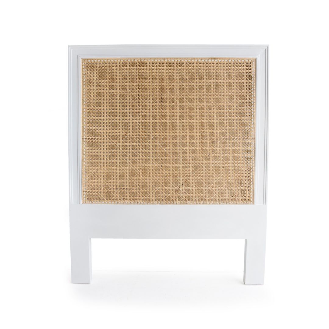 Square bedhead with white frame and woven natural material on a white background