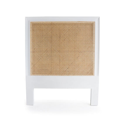 Square bedhead with white frame and woven natural material on a white background