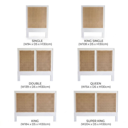 Bed headboards with dimensions labeled for single, king single, double, queen, king, and super king sizes.