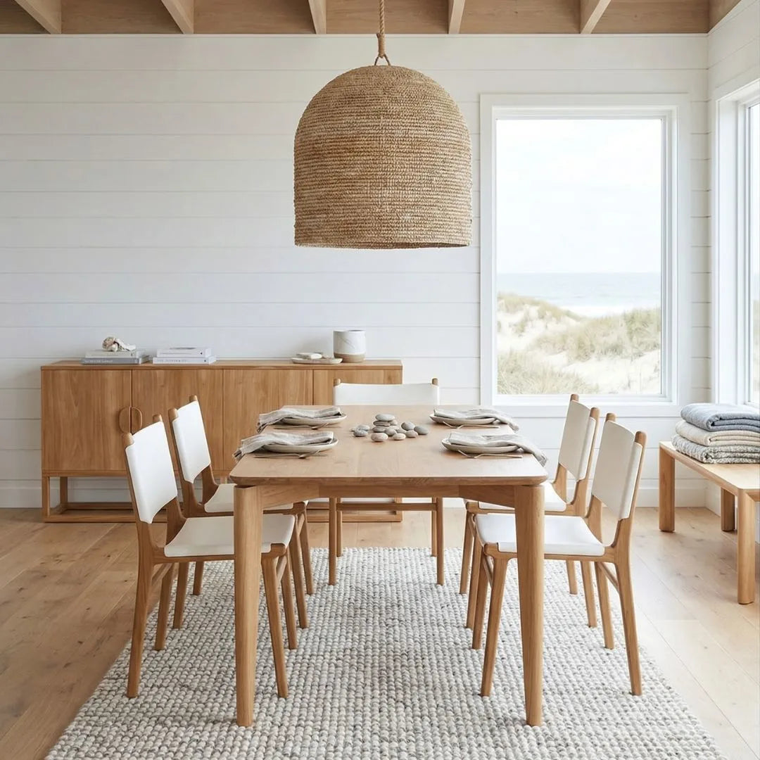 Dining room with wooden table and chairs, wicker pendant light, and large windows.