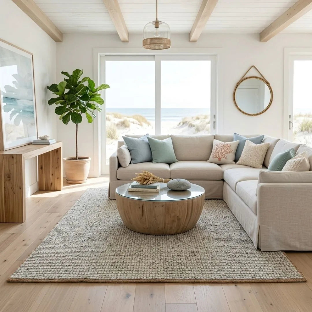 Modern living room with a beige sectional sofa, wooden coffee table, white and grey wool rug and large windows.