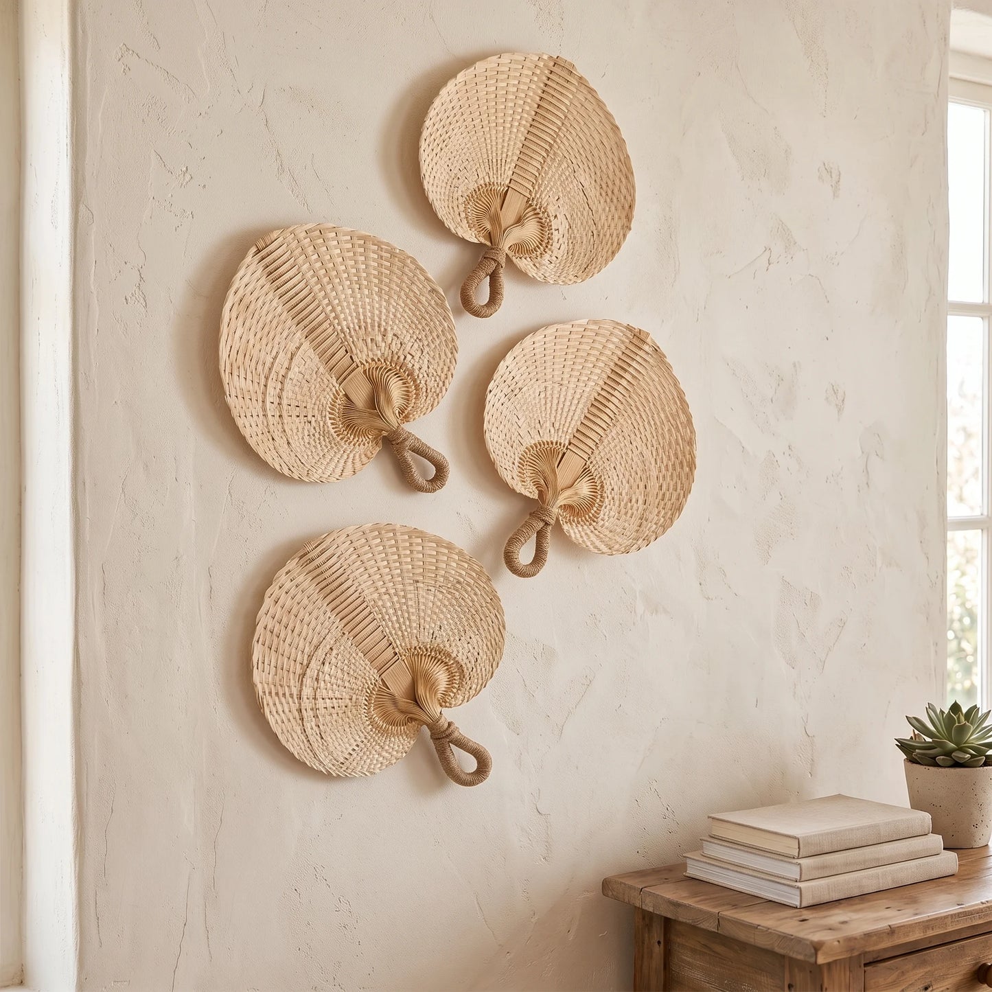 Four round woven straw wall fans with rope handles, arranged on a textured cream wall above a wooden side table with books and a small plant.