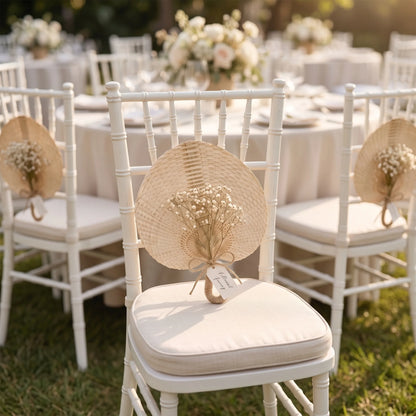 White wooden event chairs with cream seat cushions decorated with round woven straw chair bows holding small dried floral arrangements, set outdoors on grass in front of blurred white tables and floral centerpieces.