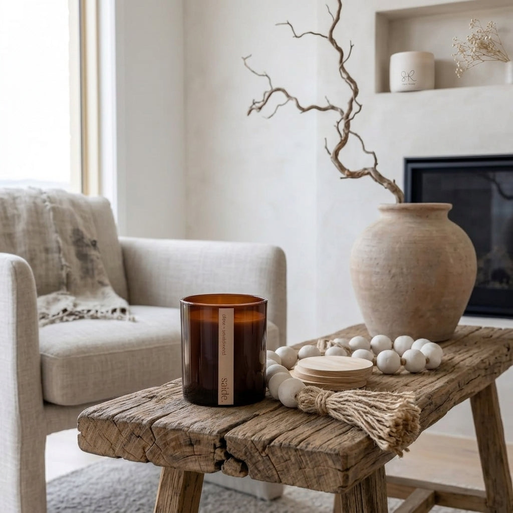 An amber glass jar candle sits on a rustic wooden table in a styled living room setting, next to a beige armchair and a large ceramic vase with dried branches.