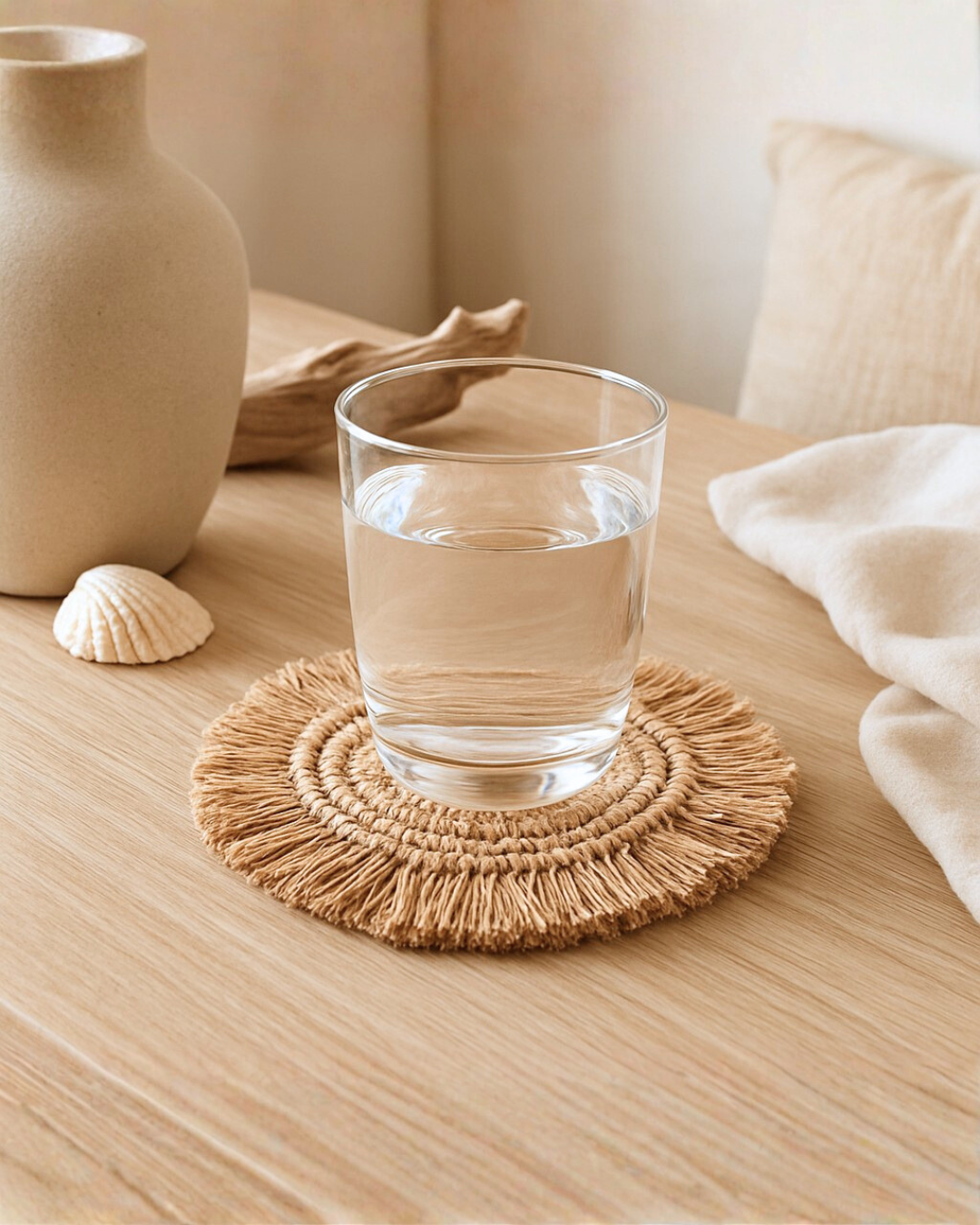 Clear glass of water on a woven coaster with a neutral background