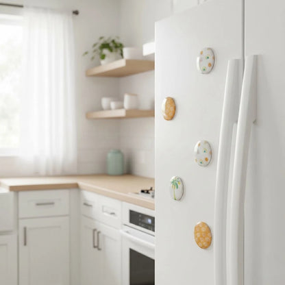 White kitchen with wooden shelves and a refrigerator with decorative magnets.