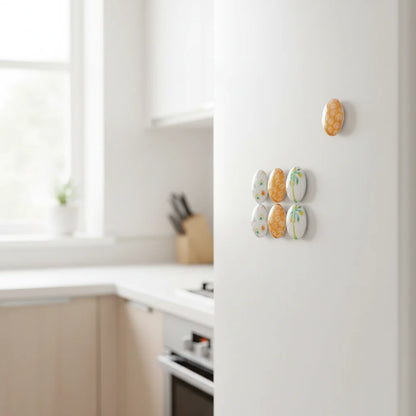 Decorative magnets on a kitchen cabinet door with a blurred kitchen background