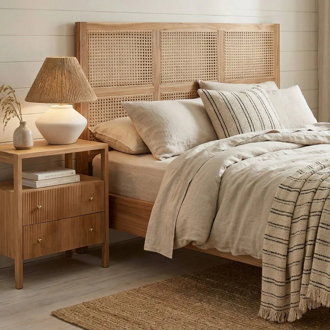 Bedroom with wooden bed and nightstand, featuring a woven headboard and neutral bedding.