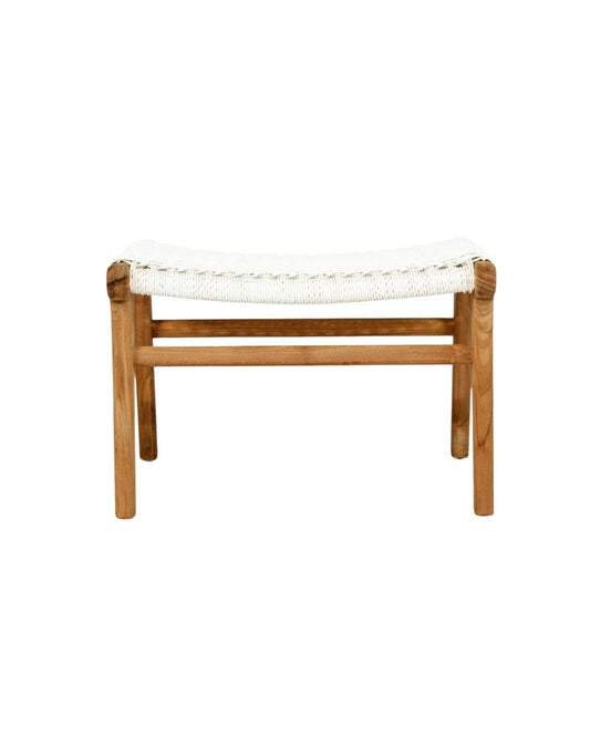 Wooden bench with white cushion on a white background