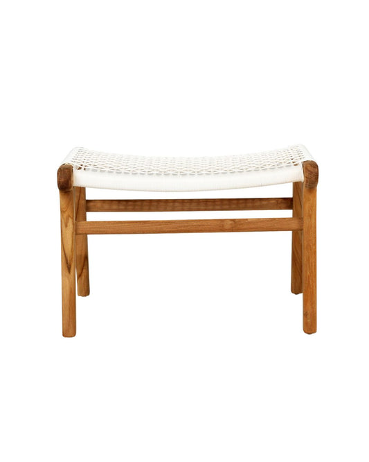 Teak stool with a white woven seat on a white background