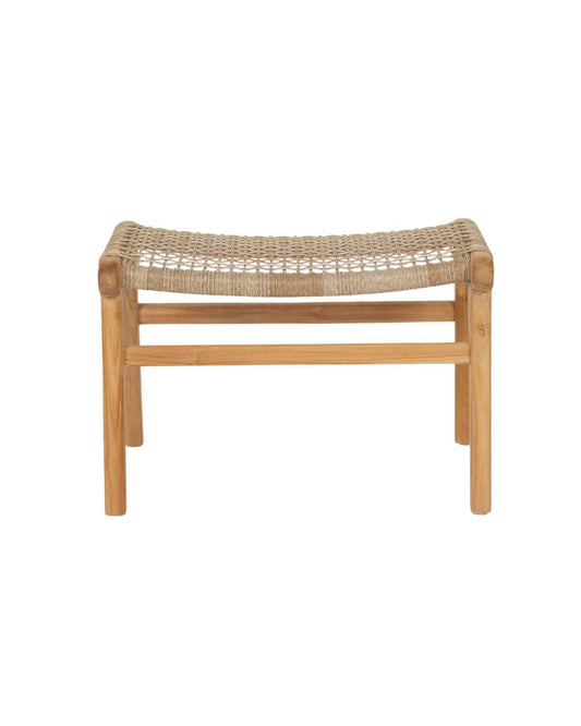 Teak Ottoman foot stool with woven seat on a white background
