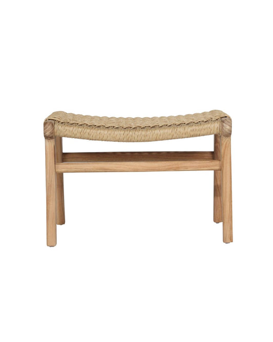 Teak Ottoman footstool with woven top on a white background