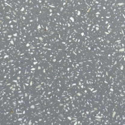 A close-up of a gray terrazzo or concrete-like surface with scattered white and light gray flecks throughout.