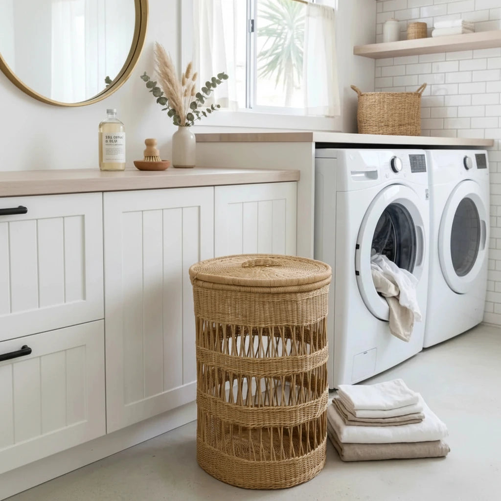 Laundry room with a wicker basket, washing machine, and dryer.